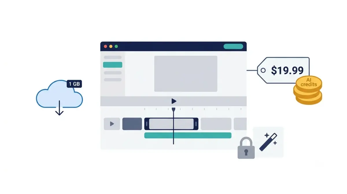 CapCut Getting Worse: flat vector illustration showing CapCut pricing, AI credits, reduced cloud storage, and a possible Pro feature paywall on a white background