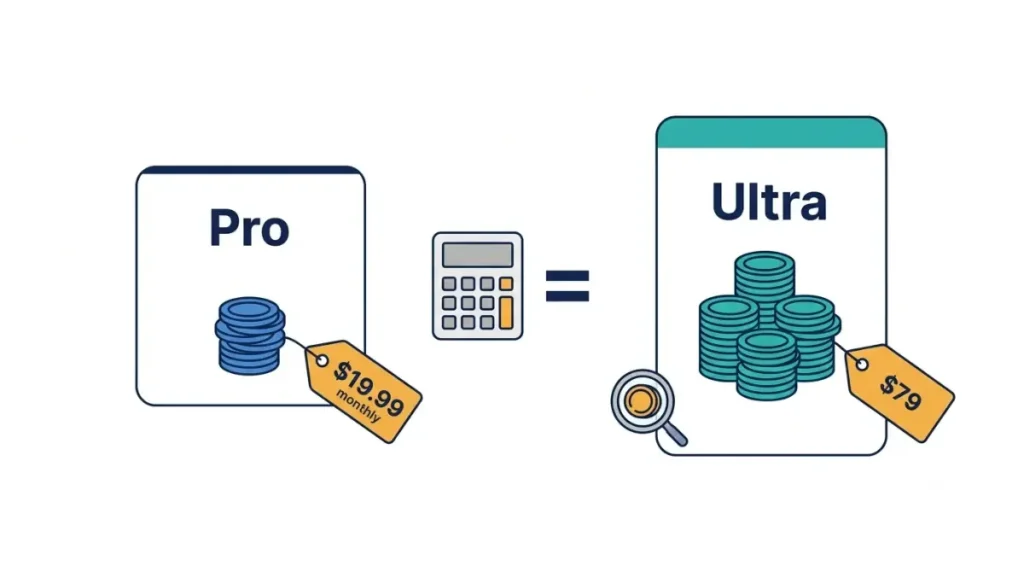CapCut Getting Worse: vector comparison of CapCut Pro and Ultra subscription prices, monthly AI credits, and effective cost per credit on a white background