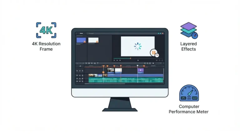 CapCut Lagging on a Windows PC with a video-editing timeline, stacked effects, and a frozen preview