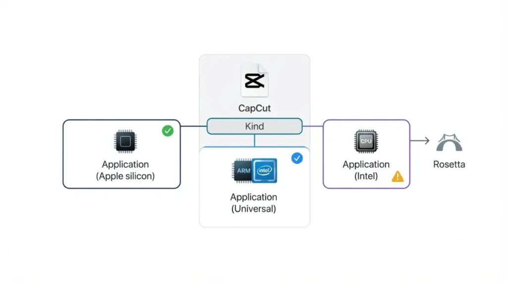 CapCut for Mac M1 native, Universal, and Intel app Kind comparison in Finder Get Info to determine Rosetta use.