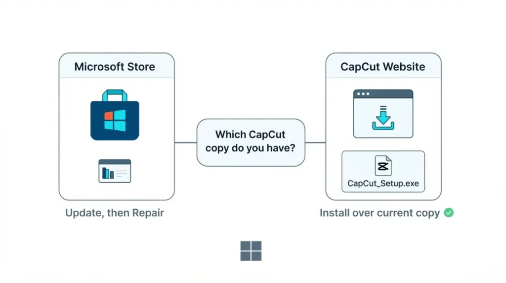 CapCut Not Opening installation comparison showing Microsoft Store and official website troubleshooting paths on Windows