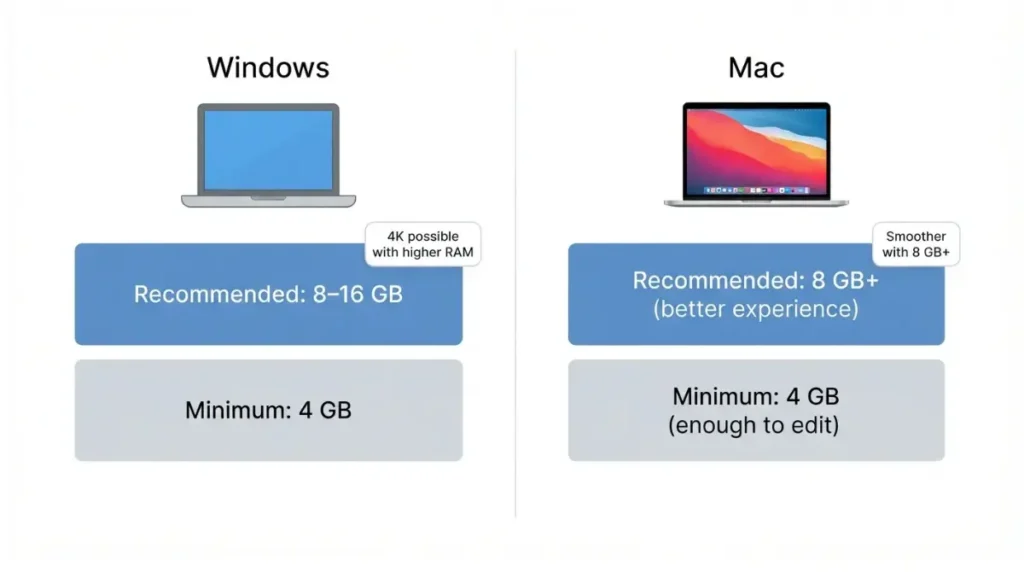 CapCut RAM minimum and recommended values for Windows and Mac