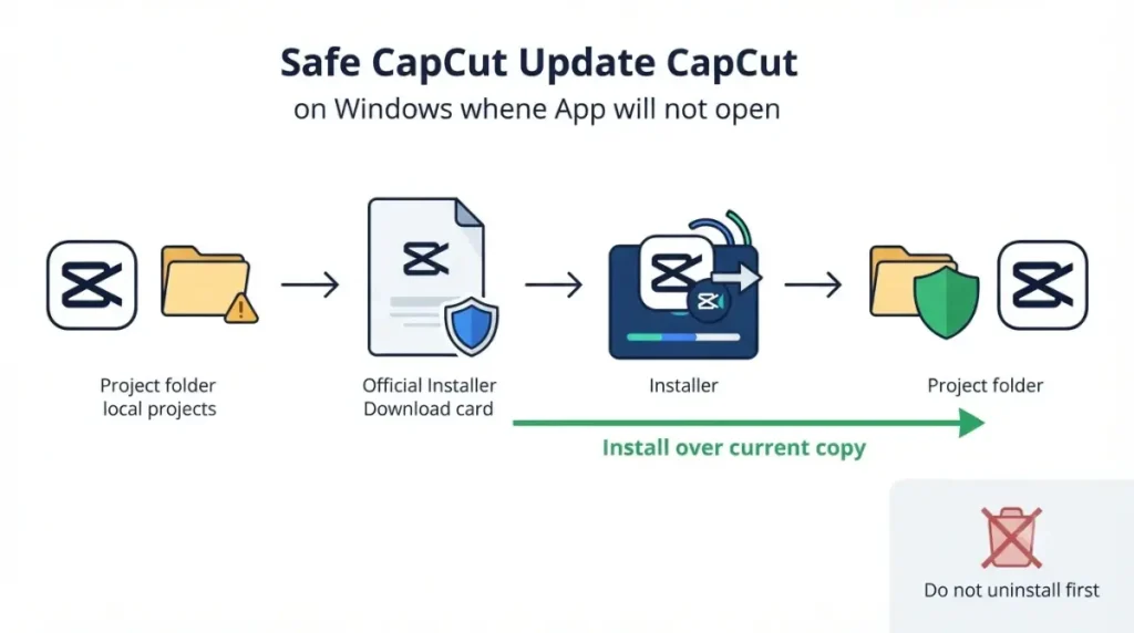 CapCut Not Opening fix showing the official installer updating the existing copy while protecting local video projects