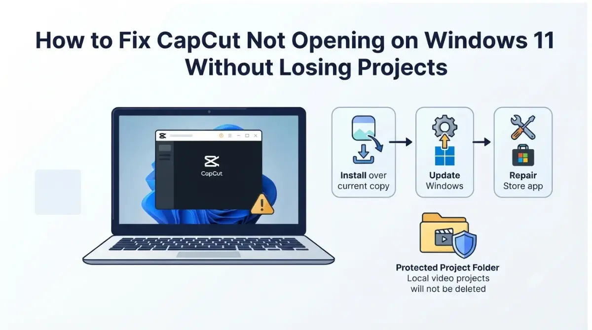 CapCut Not Opening on Windows 11 troubleshooting flow showing project protection, official reinstall, updates, and repair