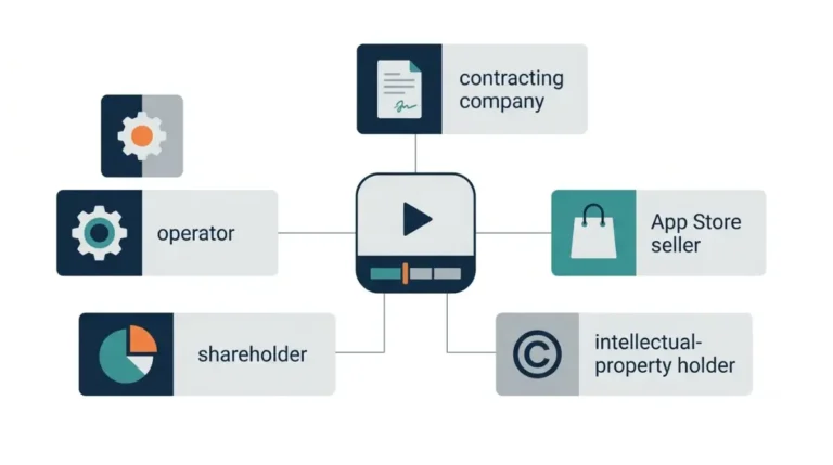 Who Owns CapCut? Vector illustration showing ownership divided among operator, contracting company, App Store seller, shareholder, and IP holder roles