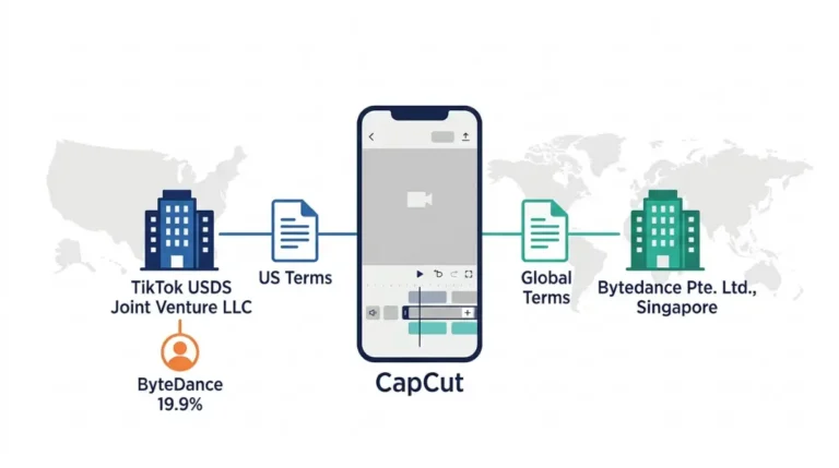 Vector infographic explaining who owns CapCut in the US and globally, with TikTok USDS Joint Venture LLC and Bytedance Pte. Ltd.