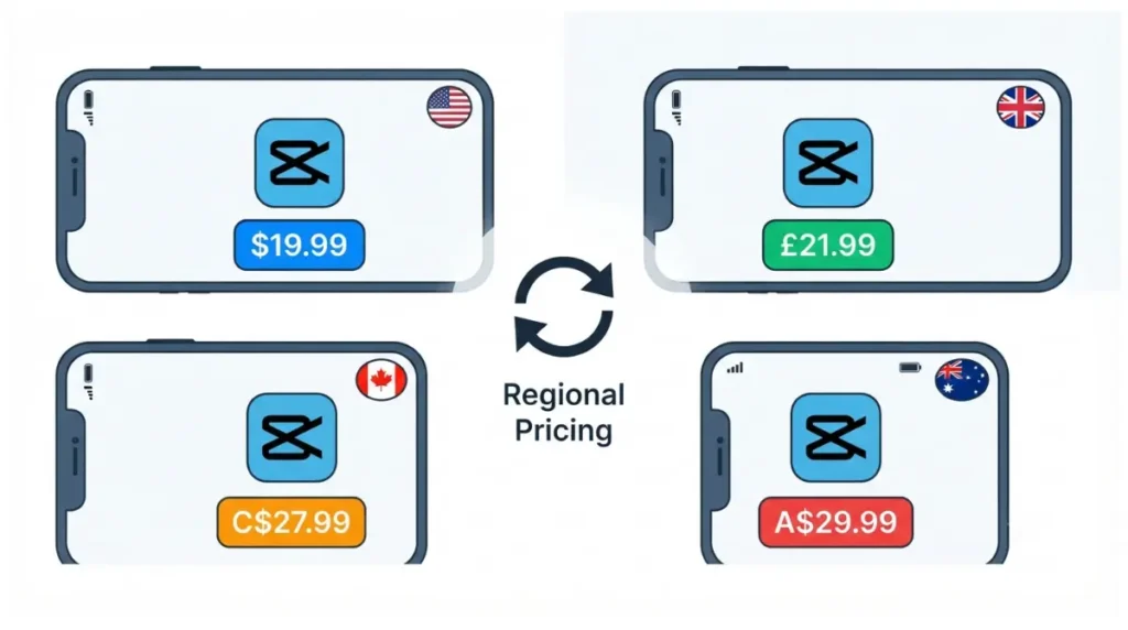 “CapCut Pro monthly prices displayed on four smartphones representing US, UK, Canada, and Australia with currency symbols and flags”