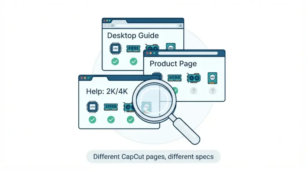 CapCut system requirements compared across multiple official CapCut pages