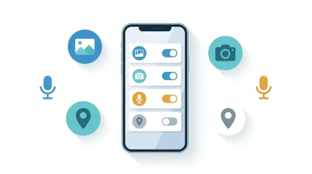 CapCut Safe permissions illustration showing camera, microphone, photo, and location access controls on a smartphone settings screen