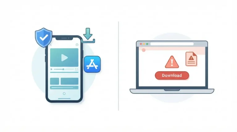 CapCut Safe: vector illustration comparing the official CapCut app downloaded from an app store with a fake CapCut installer from a suspicious website