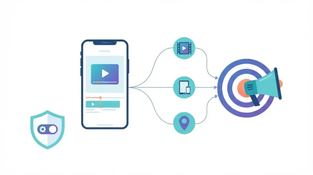 CapCut Safe privacy illustration showing video clips, device data, and advertising icons connected to a privacy settings panel