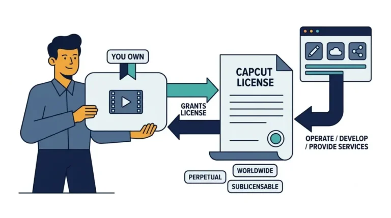 CapCut terms illustration showing users Own their videos while granting CapCut a perpetual content license