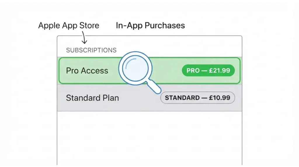 “Annotated Apple App Store In-App Purchases section showing CapCut Pro vs Standard subscription rows for UK”
