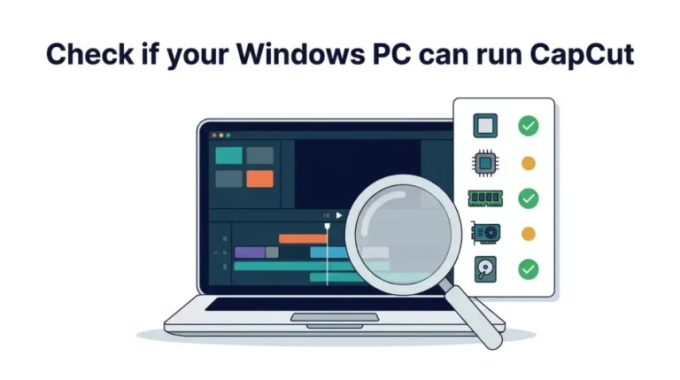 CapCut Windows PC requirements checklist showing processor, RAM, graphics, storage, and Windows version being checked.