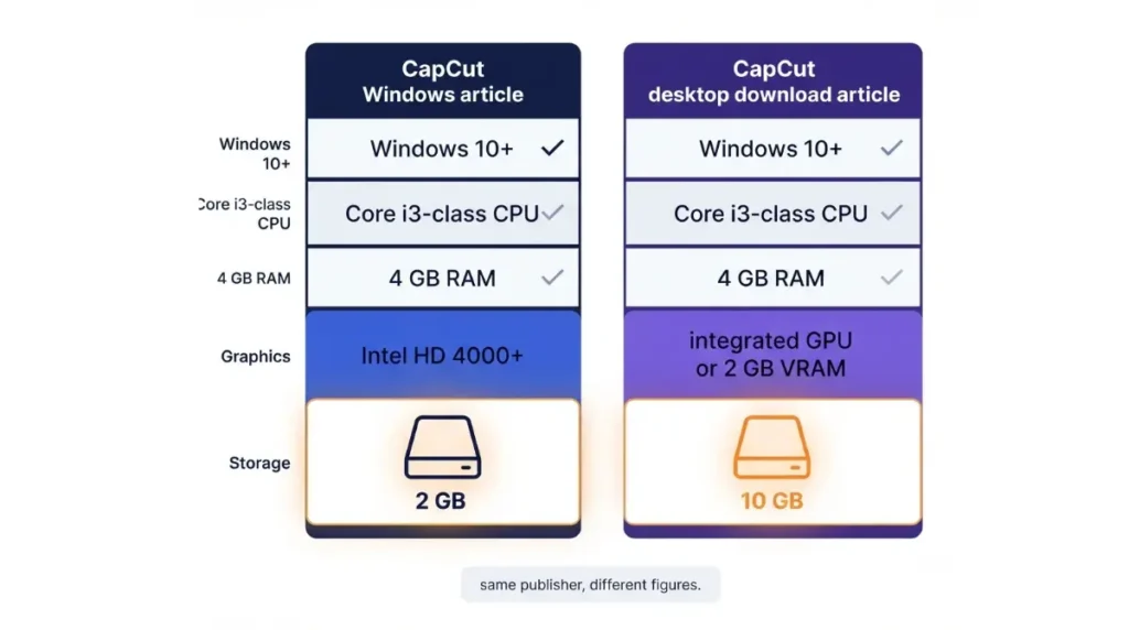 CapCut Windows requirements comparison showing 2 GB and 10 GB storage differences