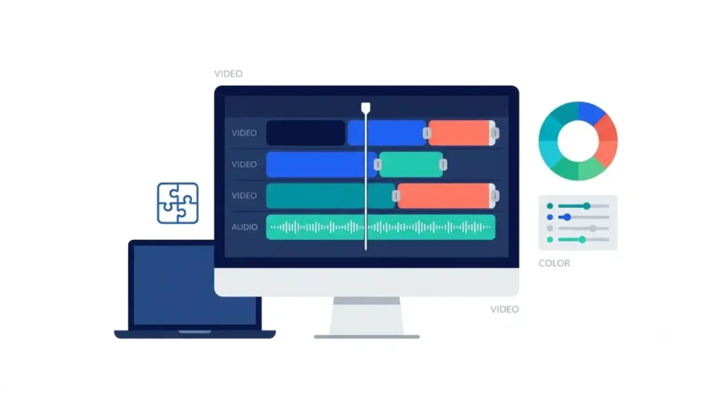 CapCut alternative desktop video editor with multi-track timeline, audio waveform, and color controls.