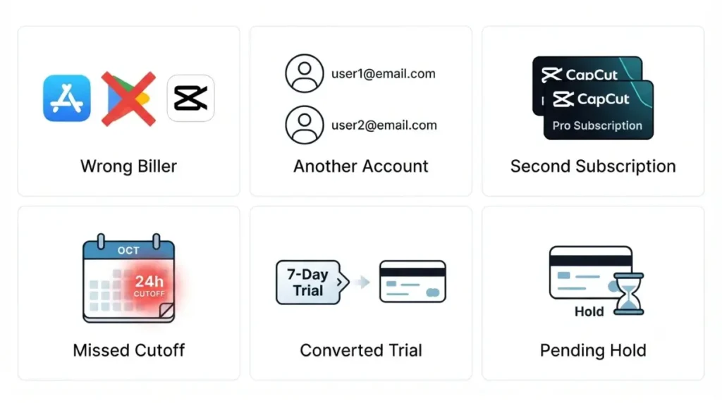 CapCut Charged after cancellation — 6-icon grid showing wrong biller, another account, second subscription, missed cutoff, converted trial, pending hold