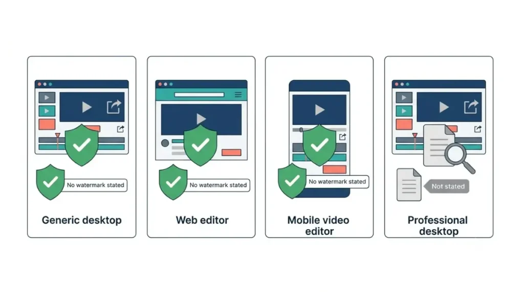 CapCut alternatives compared by vendor watermark claims, with explicit no-watermark statements versus no stated policy